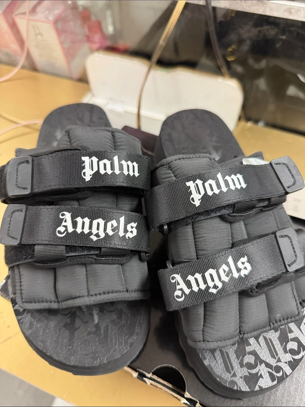 Palm Angels Kids Black Quilted Strap Slide Sandals